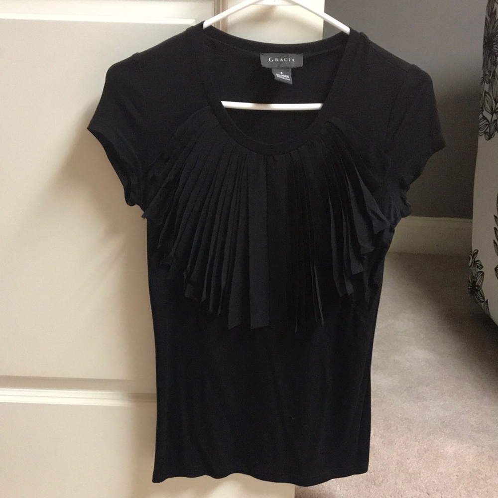 Cotton tee with pleated sheer chest.